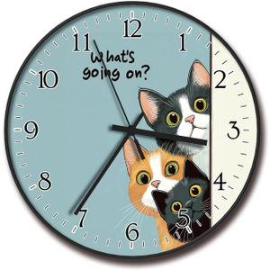 8 inch Plastic Wall Clock Battery Operated, Decorative Round Wall Clock, Quiet Wall Clock, Cat Pattern (2269-three Cat)