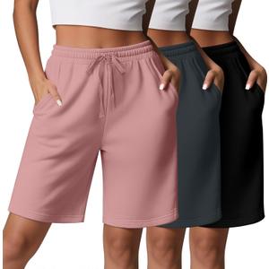 3 Pcs Women Quick Dry Shorts High Waisted Bermuda Shorts for Yoga Athletic Drawstring with Pocket (Small, Black, Dark Gray, Pink)