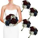 Wedding Bridesmaid Bouquets Set of 4, Artificial Silk Flowers Arrangement for Ceremony Marriage Proposal Party Anniversary Decorations - Burgundy & Navy Blue