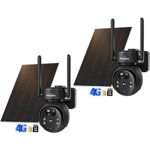Hiseeu 4G LTE Cellular Security Camera Solar Powered, No WiFi Security Camera Wireless Outdoor, PIR Motion, 2 Way Talk, 360 PTZ, 2K Color Night Vision, 64G SD & SIM Card Included- Pack of 2 