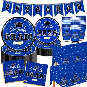Graduation Decorations 2026 Disposable Blue Graduation Tableware Kit for 25 Guests Plates Napkins Cups Tablecloth Hanging Graduation Party Decorations 2026