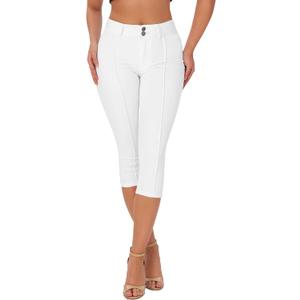 roswear Womens Capri Pants Trendy Mid Rise Skinny Stretchy Front Seam Denim Jeans (White, L)