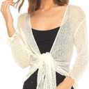 SHU-SHI Women’s Sheer 3/4 Sleeve Shrug Lightweight Mesh Knit Dressy Summer Cover Up, Open Front or Tie​​ Off-white (One size)