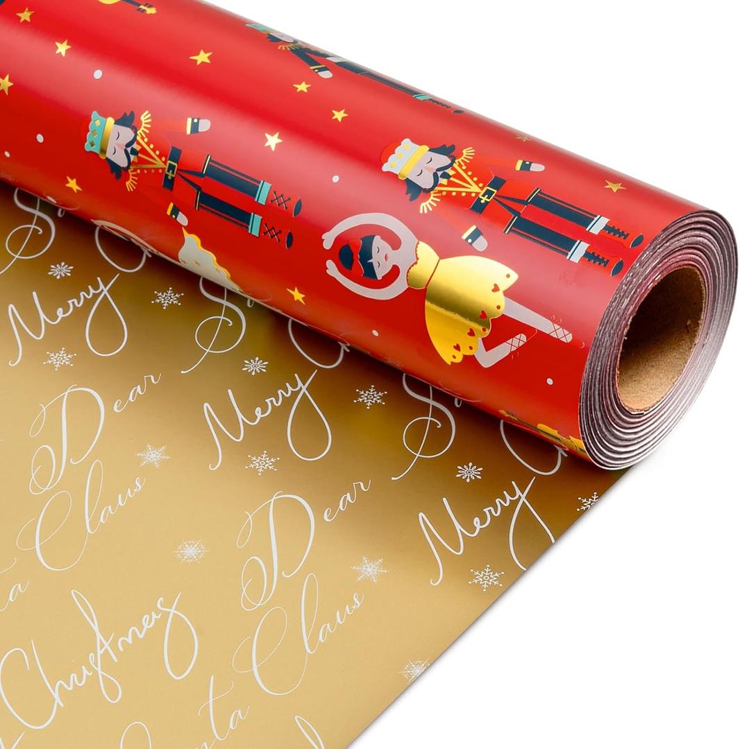 MAYPLUSS Red Christmas Wrapping Paper Roll - 17IN X 33FT - Christmas Nutcracker Gift Wrapping Paper Featuring Ballet Guitar Gold Star Reversible Gold for Kids, Holiday, New Year