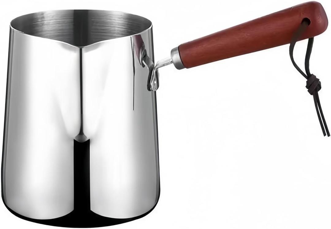 Milk Butter Warmer Pot, 18oz/550ml Turkish Coffee Pot with Wooden Handle, Stovetop Chocolate Melting Pan, Cezve Ibrik Briki Greek Arabic Coffee Maker for Maple Syrup, 18/8 Stainless Steel