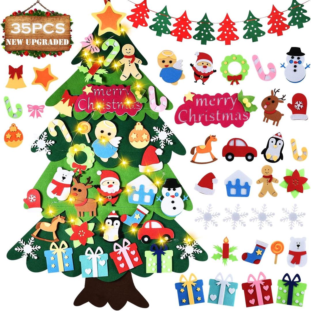 DIY Felt Christmas Tree 35 Pcs Xmas Decorations with Banner Snowflake Snowman Reindeer Candy Crutch Wall Hanging Christmas Decoration Gift for Kids Christmas New Year Party Favors