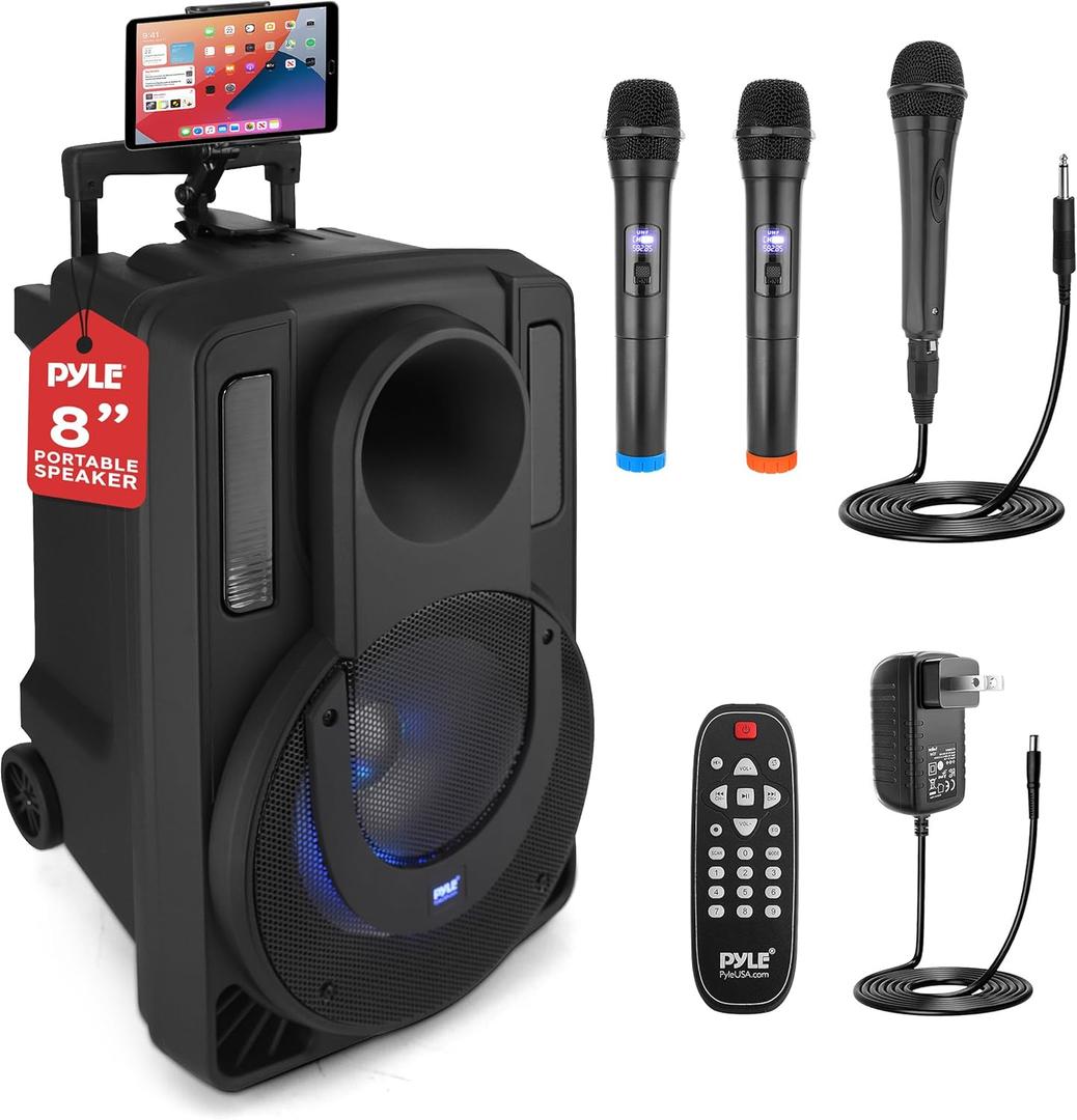 Pyle 8 Portable PA Speaker System - 280 Watts PA & Karaoke Speaker with Two Wireless & 1 Wired Microphone, Wireless Bluetooth Streaming, Flashing Party Lights, MP3/USB/FM Radio
