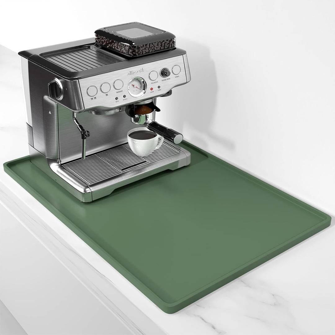 Rnivvi Silicone Coffee Mat, 16" x 24" Waterproof Raised Edge Coffee Bar Mats for Espresso Machine Station Accessories, Heat Resistant Dish Drying Pad for Kitchen Counter, Rubber Bar Decor Pad, Green