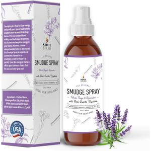 SOUL STICKS White Sage & Lavender Smudge Spray  3.5oz Smokeless Mist with Quartz Crystals  Calming Essential Oil Spray for Sleep, Stress Relief, Meditation, and Energy Cleansing