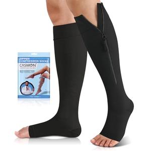 CASMON 15-20mmHg Zipper Compression Socks for Women and Men, Knee High Compression Stockings, Medical Open Toe Support Socks for Varicose Veins, Post-surgery, Swelling, Nurses, Pregnancy (1 Pair), M