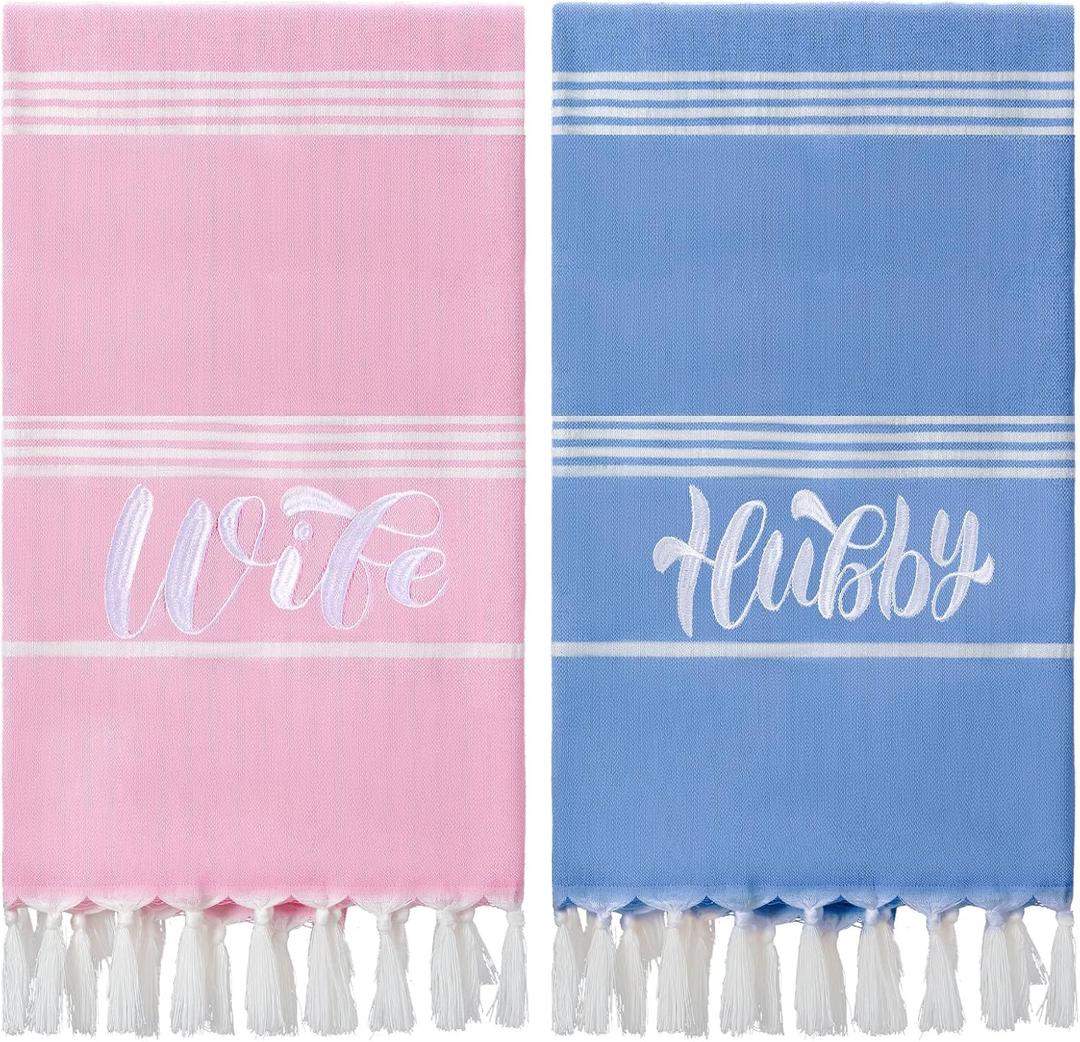 Preboun 2 Pcs Hubby and Wife Turkish Hand Towels Wedding Embroidery Bathroom Hand Towels Decorative Stripe Turkish Honeymoon Newlywed Couple Wedding Gift 71 * 39 inch(Blue, Pink)
