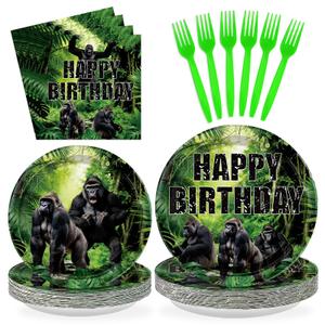 96 Pcs Gorilla Birthday Party Decorations Safari Jungle Animal Plates and Napkins Disposable Black Gorilla Theme Tableware Set for Boys Monkey Ape Birthday Baby Shower Party Supplies Serves 24