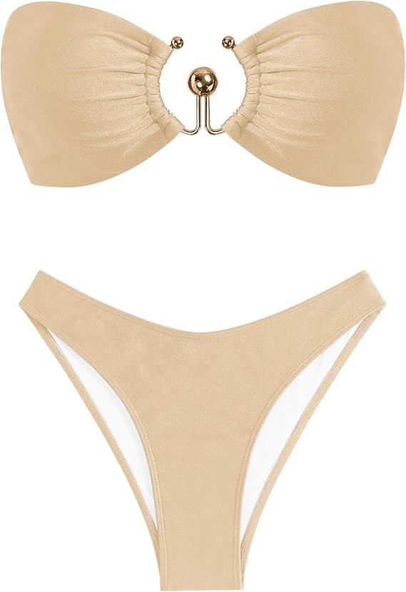 ZAFUL Womens Bandeau Bikini Set Metallic Sparkly O Ring Lace Up Tie Side High Cut Tanga Sexy Bathing Suit Swimwear (A-apricot, Medium)