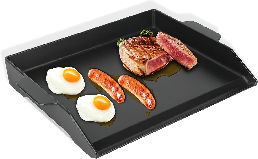 18.6"x14" Pre-Seasoned Cast Iron Griddle, Flat Top Grill Plate for Camping | 19.2lb heavy-duty cast iron griddle fits most grills/stoves; pre-seasoned nonstick; high sidewalls; side handles.