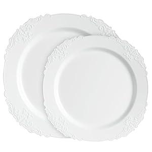 PLASTICPRO 128 Pack Elegant Disposable Plastic Plates Combo Set Includes 64 Dinner Plates and 64 Salad Heavy Duty Fancy Party Plates White Embossed Victorian Design