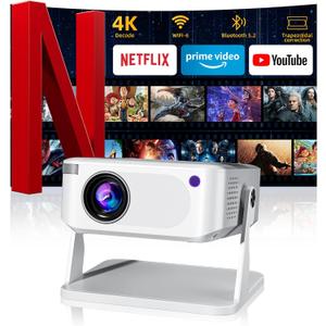 Mini Projector with WiFi 6 and Bluetooth 5.2, Portable Projector 4K Support, Auto Vertical Keystone 270 Rotatable, Compatible with Smartphone/TV Stick/Box/USB/HDMI (White)