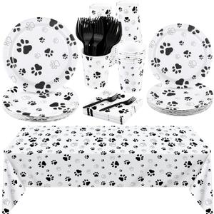 durony 121 Pieces Black Paw Print Party Supplies Dog Birthday Tablecloth, Plates, Napkins, Forks and Paper Cups Decorations for Puppy Theme Party Supplies