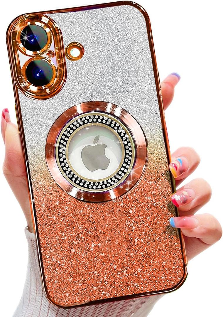 Misscase for iPhone 17 Magnetic Glitter Case Compatible with MagSafe,Full Protection Slim Shockproof Anti-Scratch Case with Camera Lens Protector Plating Bling Dust-Proof Net for Women Orange
