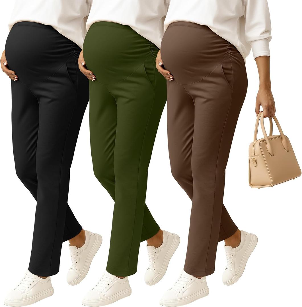 3 Pack Women's Maternity Pants Pregnancy Leggings Over The Belly Wide Waist Pant Pocket Ruched Work Casual Trouser (Army Green, Coffee, Black, Large)