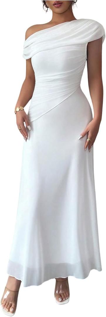 Verdusa Women's Wedding Guest Dress Off Shoulder Ruched Long Cocktail Dresses Party Outfits White Medium