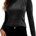 YYA Women's Sparkly Tops for Women Ruffle Sparkly Shiny Turtle Neck Shirts Long Sleeve Slim Fitted Tops S-XXL (L, Black)