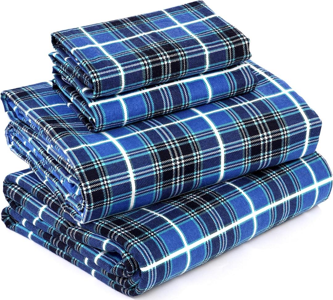 RUVANTI Flannel Sheets Full Size - 100% Cotton Double Brushed Bed Sheets Set, Deep Pockets 16 Inches, All Seasons Breathable & Extra Soft Full Sheets, Warm & Cozy, 4 Piece, Blue Plaid