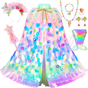 Princess Dress Up Toys Princess Dress Up Clothes Rainbow Mermaid Cape Kit 9 Pcs Gift Set for Little Girls 3-8 Years (7 - Light Up Rainbow Multi-color)