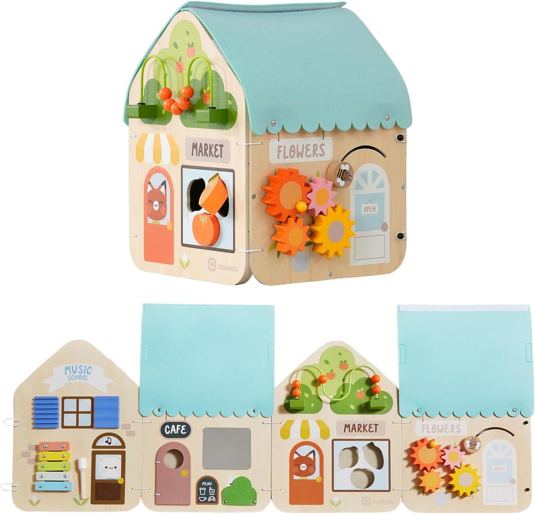 IDEA FAMILY 2 in 1 Montessori Wooden Busy Board House, Multi-Functional Foldable Busy Board, Fine Motor Skills Training for Little Kids Aged 1-3, Gifts for Boys and Girls