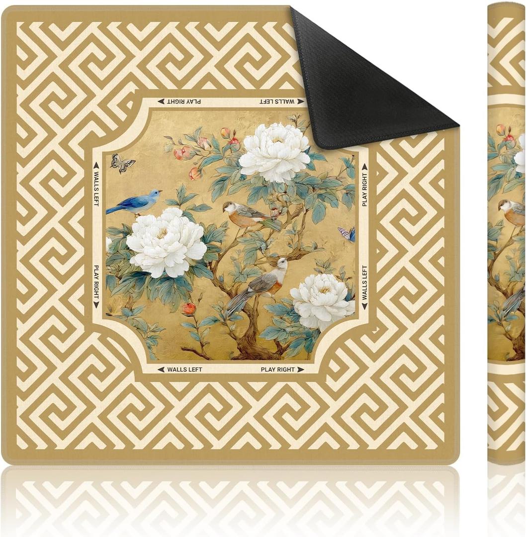 Yellow Chinoiserie Floral Bird Mahjong Mat 31.5 x 31.5 Inch, Traditional Chinese Print Peony Non-Slip Noise Reduction Mahjong Table Mat for American Mah Jong Poker Card Board Games Dominoes