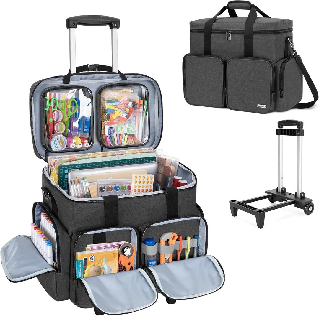 CURMIO Rolling Scrapbook Tote on Wheels, Scrapbook Storage Bag with Detachable Trolley and Bottom Wooden Board, Rolling Craft Bag for Scrapbooking Supplies, Black