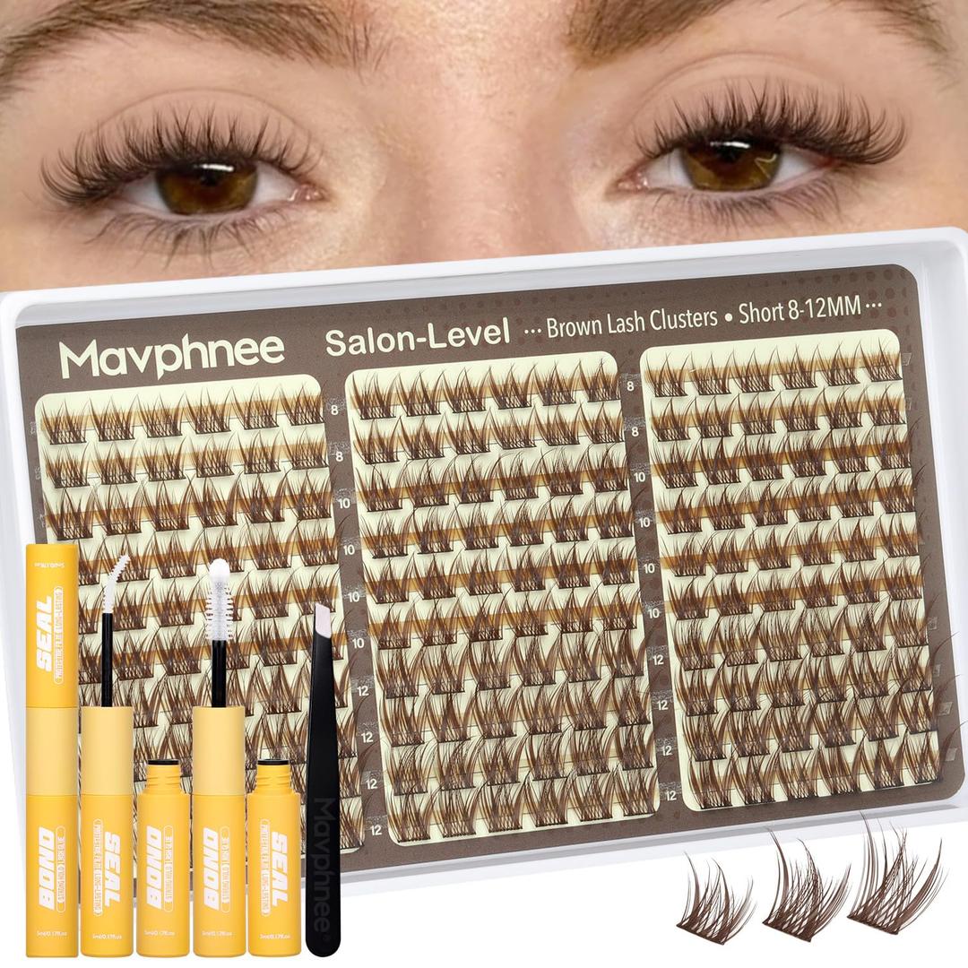 812MM Brown Lash Clusters Kit Natural Eyelash Clusters Wispy Cluster Eyelash Extensions Kit Fluffy Individual Lash Extensions with Bond and Seal for Soft Glam (180Pcs, C Curve)