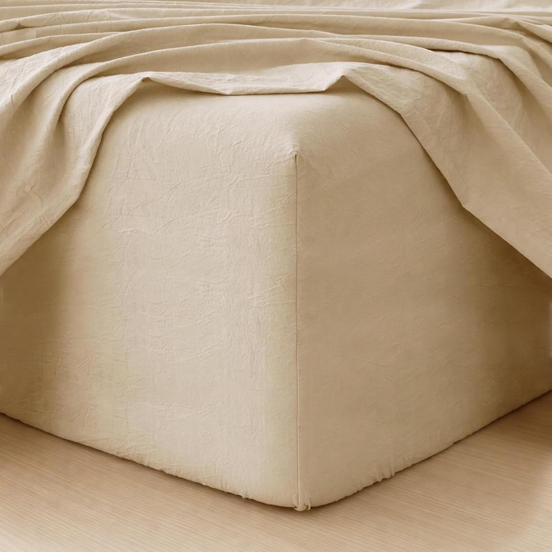 MooMee Fitted Bottom Sheet Only 100% Washed Cotton Linen Like Textured Breathable Durable Soft Comfy Deep Pocket Fits Mattress up to 17" (Almond Milk Grey, Queen)