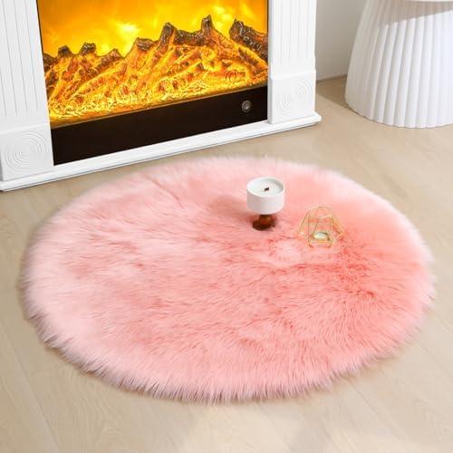 CKLASAY Faux Fur Rug Sheepskin Fuzzy Rug Super Soft Fluffy Plush Area Rug Bedroom Floor Children's Room Sofa Cushion Living Room Bedside Rugs (Pink 3×3 ft Rotund)