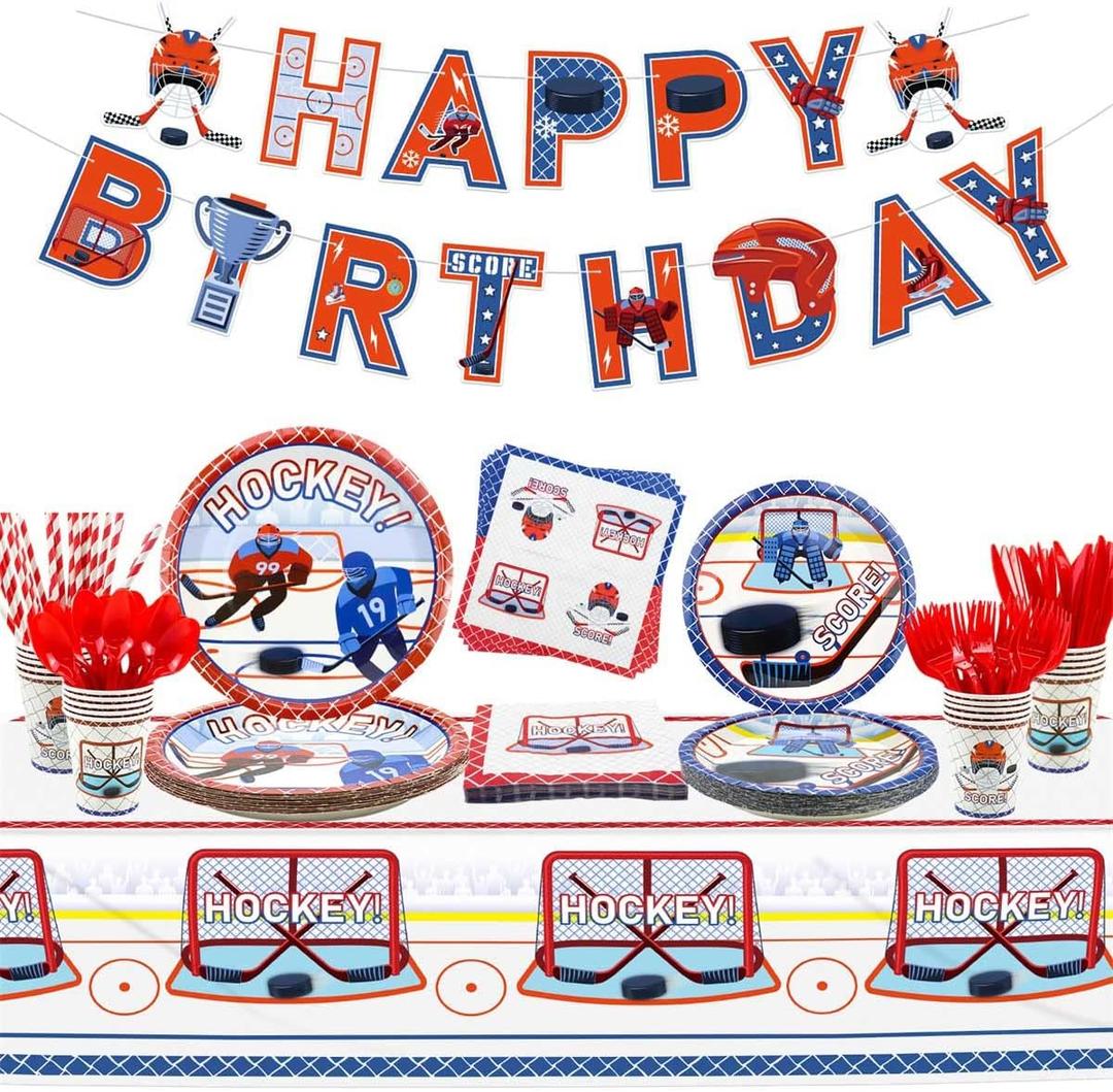 Hockey Party Supplies - Ice Hockey Birthday Party Set Including Plates, Cups, Napkins, Tableware, Tablecloth, Banner for Kid's Hockey Fans Birthday Gameday - Serves 20