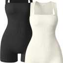 OQQ Women 2 Piece Rompers Yoga Stretch Strappy Square Neck Sleeveless Exercise Rompers Black Beige, X-Large