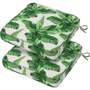 19x19x3 Inch Outdoor Square Corner Chair Cushions with Ties Set of 2, Water & Fade Resistant Thick Seat Cushion Pads for Garden Patio Dining Porch Furniture - Green Leaves White
