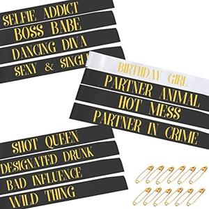 ANGREEL 12Pcs Birthday Sashes for Women Girls, with 1pcs White Birthday Girl Sash + 11pcs Black Party Sashes Set for Women Birthday Gifts Party Favors Decor Birthday Party Accessories Supplies