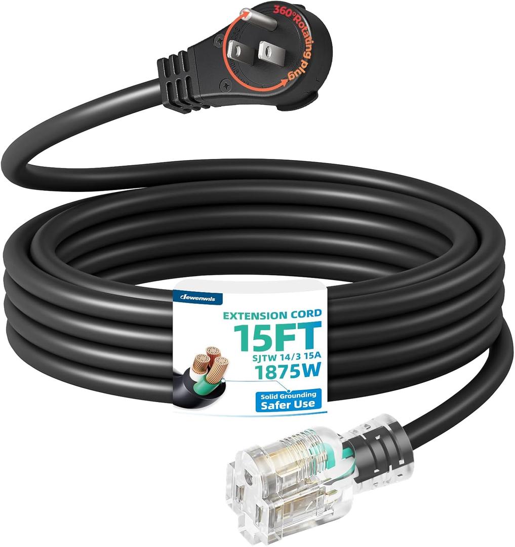 DEWENWILS 360 Rotating Flat Plug Extension Cord, 15FT Black Extension Cord, 3 Prong 14/3 Gauge Grounded Power Cord, Lighted Outlet, 125V/15A/1875W, STJW for Outdoor/Indoor, ETL Listed
