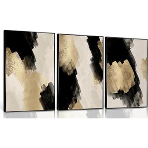 3Pcs Black and Gold Abstract Wall Art Modern Minimalist Posters Prints Neutral Abstract Pictures Painting Wall Decor for Living Room Bedroom Office Decoration Unframed, 12x16Posters