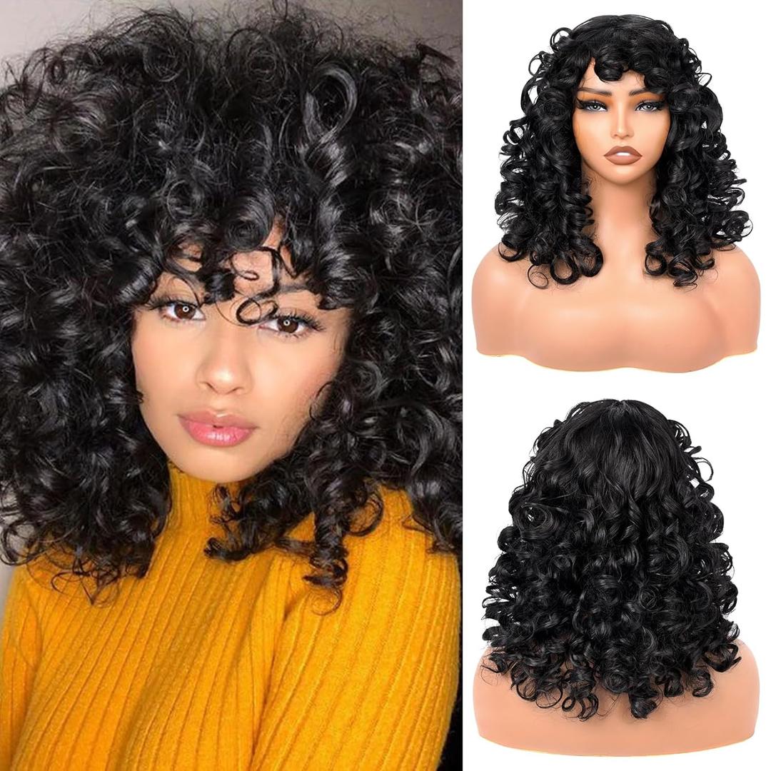 Curly Wig for Black Women Bouncy Fluffy Heat Resistant Synthetic Wig Black Afro Kinky Curly Wig for Daily and Cosplay 