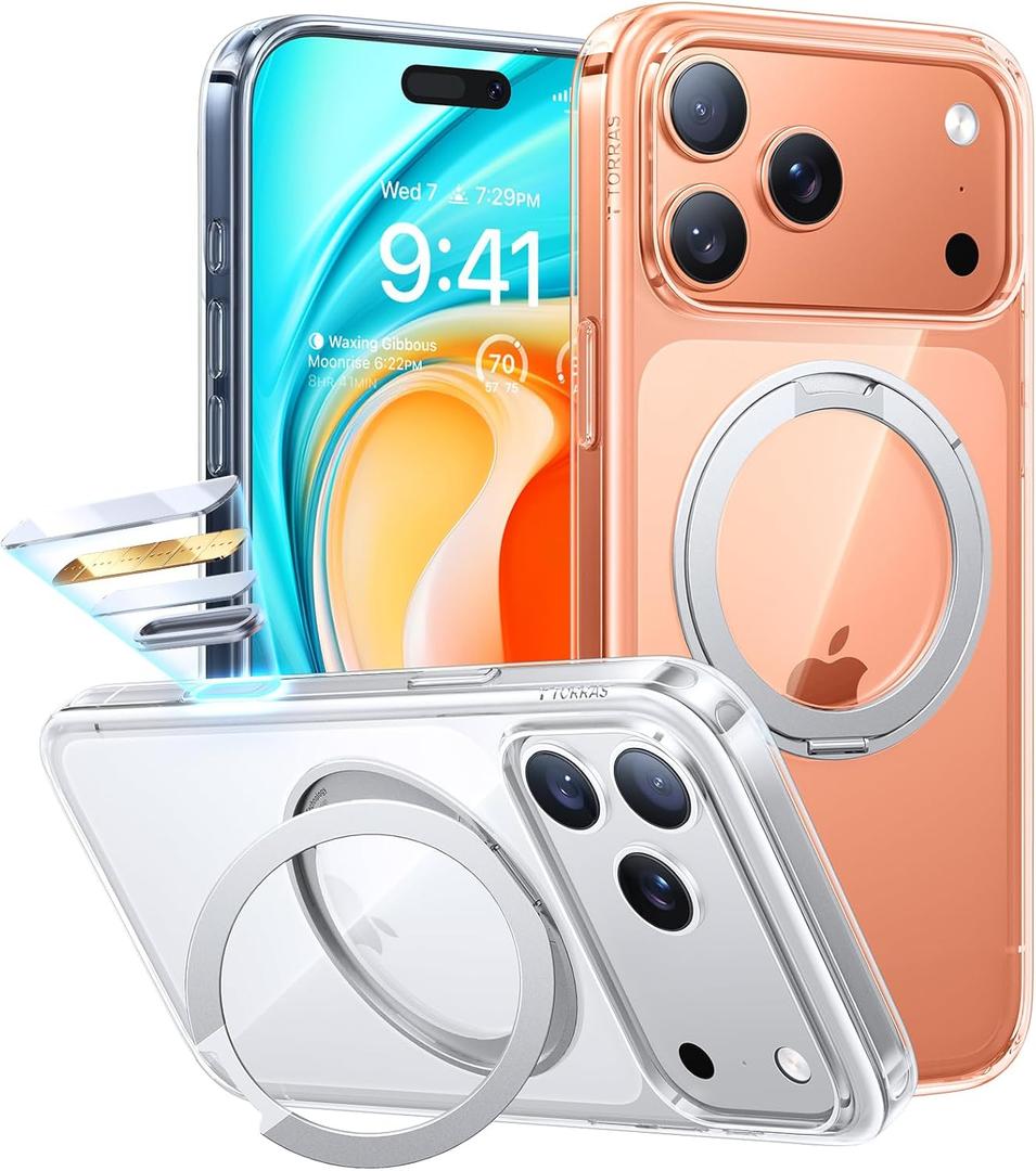 TORRAS Upgraded 360 Rotatable Magnetic Stand for iPhone 17 Pro Max Case, Fit for MagSafe with Ring, Mil-Grade Protection, Camera Control, Anti-Yellowing Slim Case for iPhone 17 ProMax Ostand, Clear