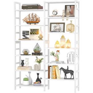 Homykic Double Wide Bamboo Bookshelf White, 6-Tier Large Open Bookcase with 12 Display Shelves, 6ft Tall Freestanding Book Shelf for Home Office, Bedroom, Living Room, Plants
