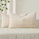 MIULEE Decorative Chenille Check Lumbar Throw Pillow Covers Vintage Plaid Couch Pillows 12x20 Inch Set of 2 Neutral Boho Farmhouse Cushion Covers Modern Home Decor for Sofa Bed Living Room Beige