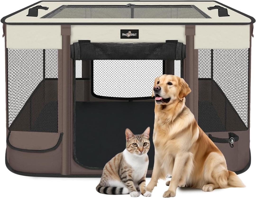 Paw Ballet Foldable Pet Kitten Playpen, Upgrade Waterproof Portable Dog Cat Playpen Kennel Tent for Small Cat Dog, Retractable Shade Cover with Carrying Case, Indoor Outdoor Use for Small Pet. (Brown 03)
