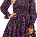 KIRUNDO Long Sleeve Dress for Women 2025 Summer Fall Wedding Guest Smocked Floral Crewneck Ruffle A Line Flowy Mini Dress (L)