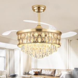 52 Inch Fandelier Ceiling Fan with Light, Chandelier Fan, Retractable Crystal Ceiling Fan Dimmable LED, 3 Color Temperatures, 6 Speeds, for Bedroom & Living Room