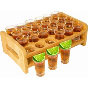 Shot Glasses Set 24pcs 0.5oz-0.66oz/15ml-20ml Mini Shot Glasses with Tray Holder Organizer Clear Glass Cups Glassware for Party Club Bar Spirit Tasting Tool Set of 24 (Crystal)
