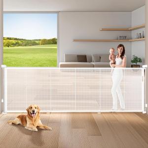 120" Extra Wide Retractable Baby Gates Mesh Gate, Long Retractable Dog Gate for Large Opening, 42" Extra Tall Child Safety Gate Pet Gate with Support Rods for Stairs Hallways Doorways Indoor Outdoor (42" Tall x 120" Wide, White)