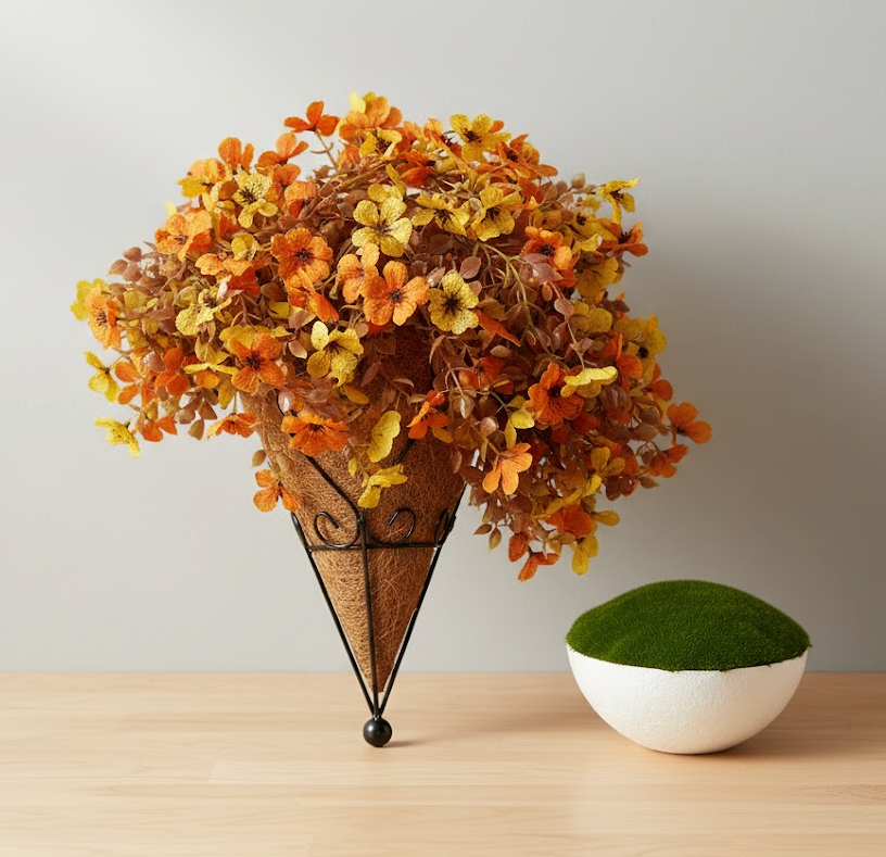 Fall Harvest Artificial Hanging Basket & Decorative Moss Ball Set – Rustic Autumn Floral Decor with Coir & Metal Cone Planter for Indoor/Outdoor Use