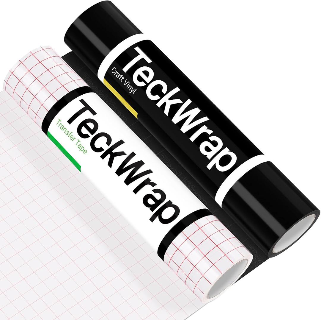 TECKWRAP Glossy Black Permanent Vinyl & Transfer Tape for Vinyl-12 x 10 FT w/ Red Alignment Grid Transfer Paper, Medium Tack Transfer Tape Black Vinyl Bundle for Decals, Signs Stickers, Home Decor
